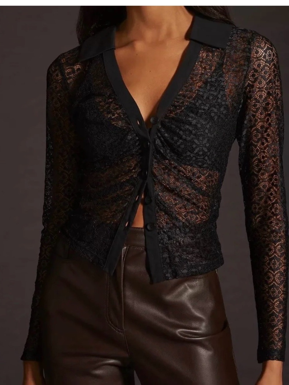 Anthropologie Maeve Sheer Lace Buttondown Collar long sleeve top size L.